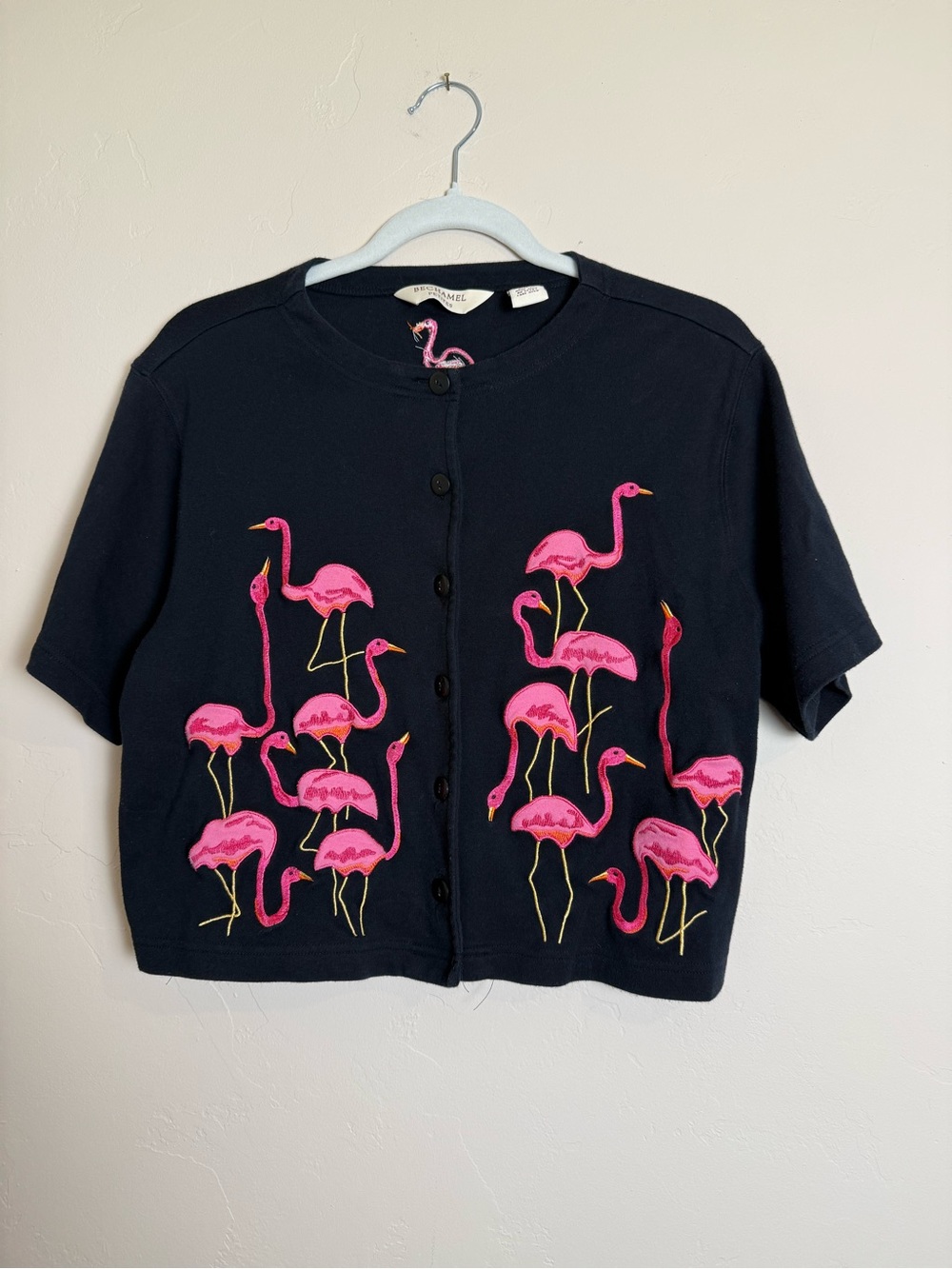 Bechamel Black Short-Sleeve crop Cardigan with Pink Flamingos Size petite large
